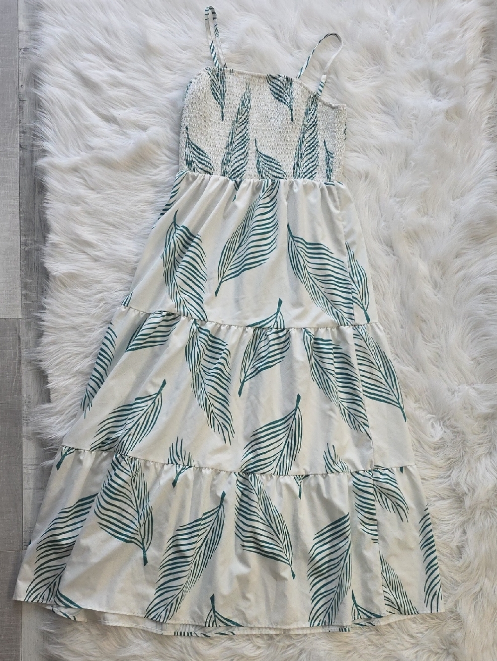 White Maxi Dress with Teal Leaf Print Size L